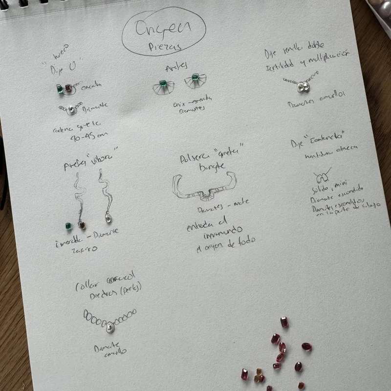 Sketchbook layout with loose colored stones beside jewelry drawings