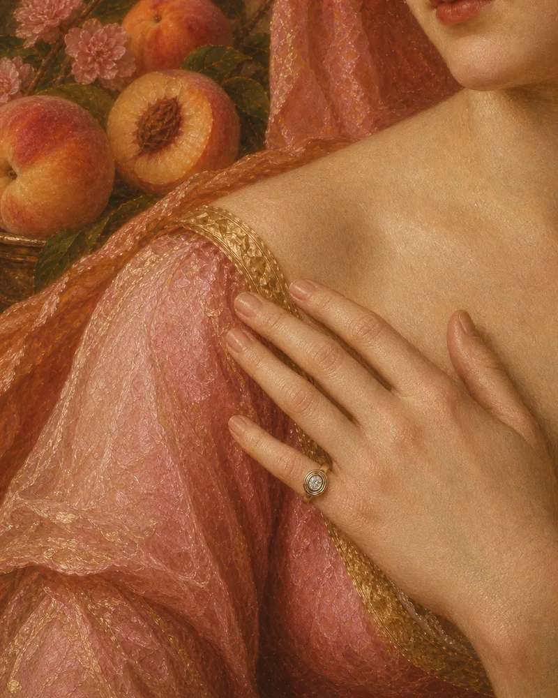 Hand wearing a spiral ring in peach-toned editorial styling